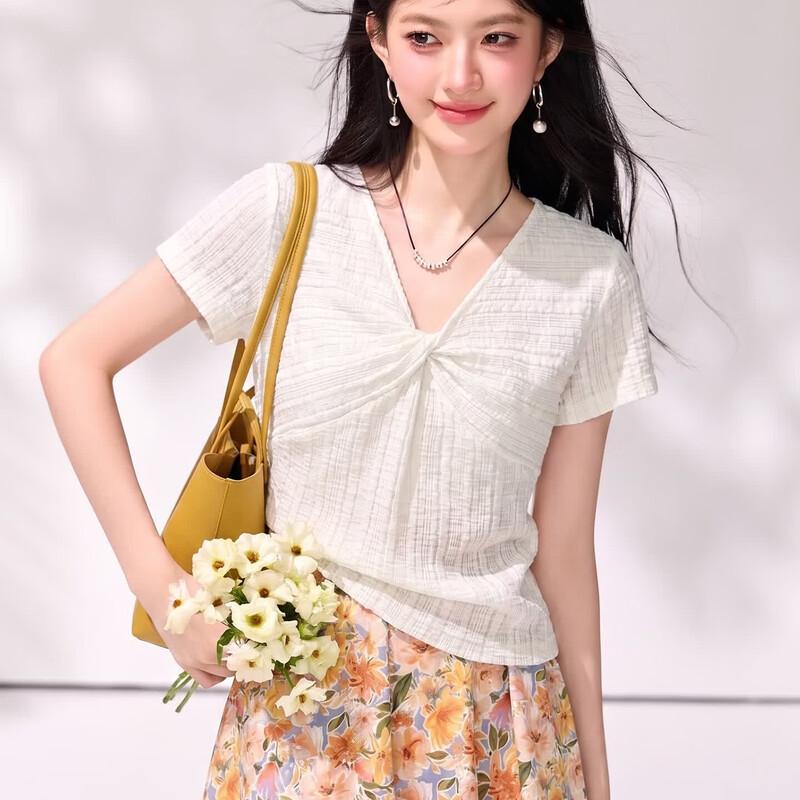 Elegant V-Neck Ribbed Knit Short Sleeve Top L