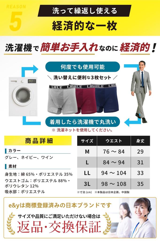 Majtki na inkontynencję 100cc na wycieki boczne, siateczkowy przód z otwarciem, zalecane przez lekarzy E&Y, męskie, 3-pak, 99% dezodorujące, zapobiegawcze, tkanina, (3-pak, Duży)