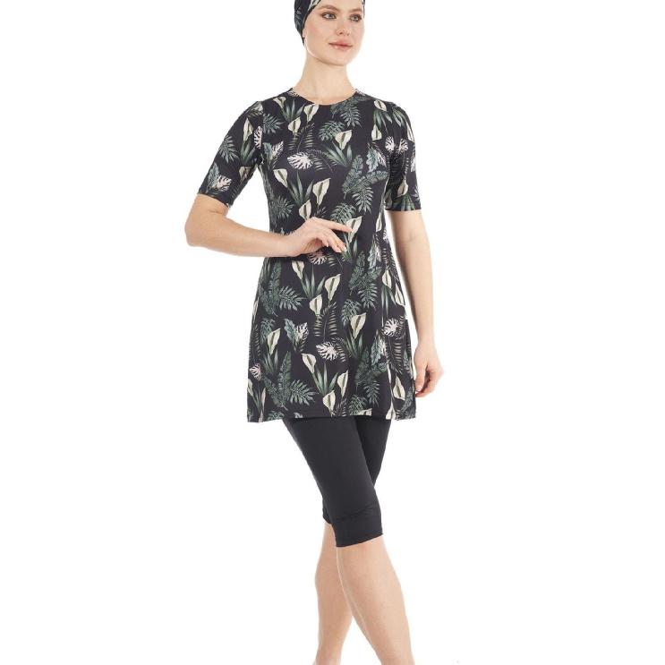 

2025 Summer Banana Leaf Swimwear Set Print - Short Sleeve Tunic and Cropped Leggings Set - Muslim Swimwear - UV Protection Beachwear - Summer Burkini S