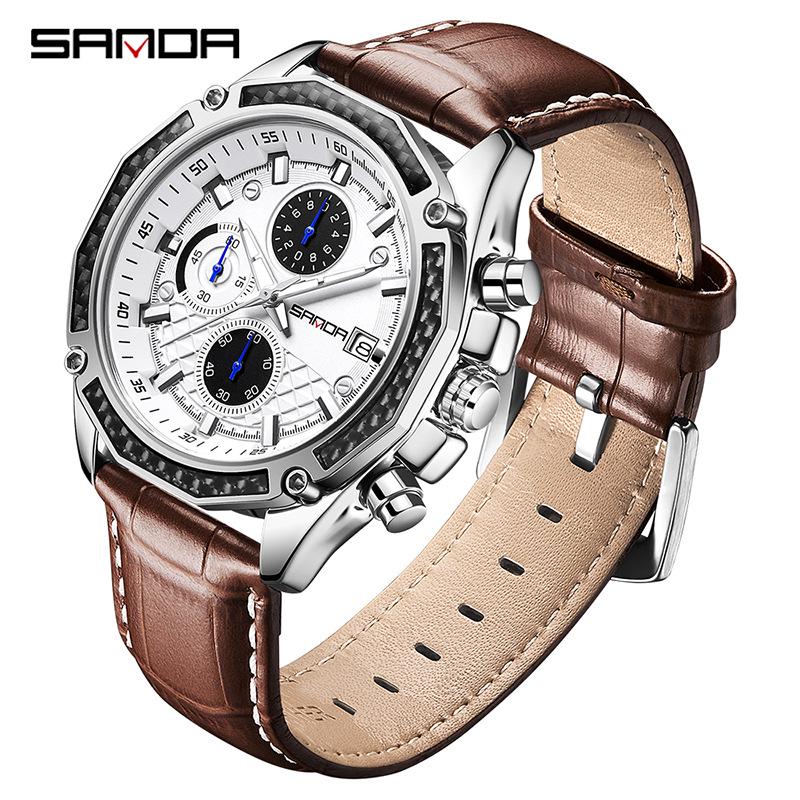 SANDA Men s Fashion Quartz Leather Strap Waterproof Wristwatch with Three-Eye Design