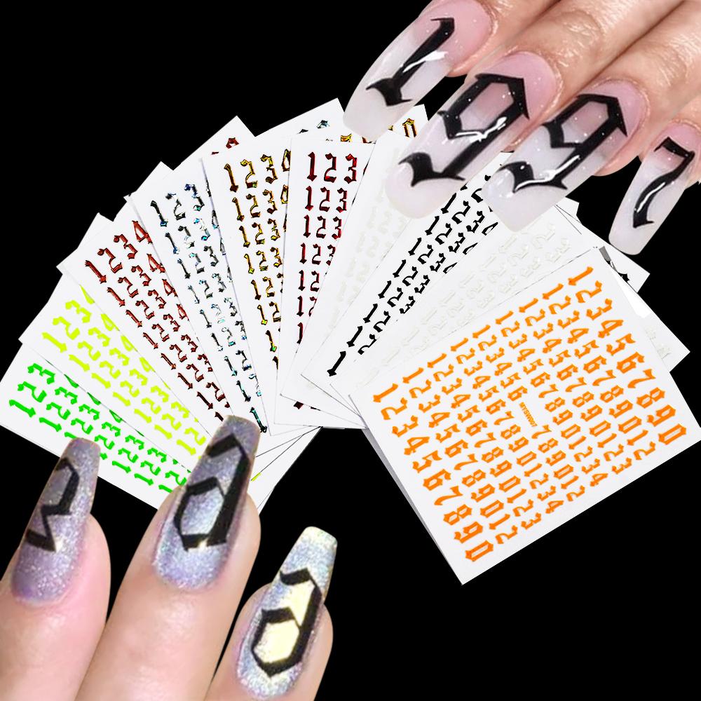 3D(0-9) Numbers Nail Sticker Black White Gold Silver Retro Numbers Nail Decals 8*10 Self-Adhesive Personalized Letter Nail Decor