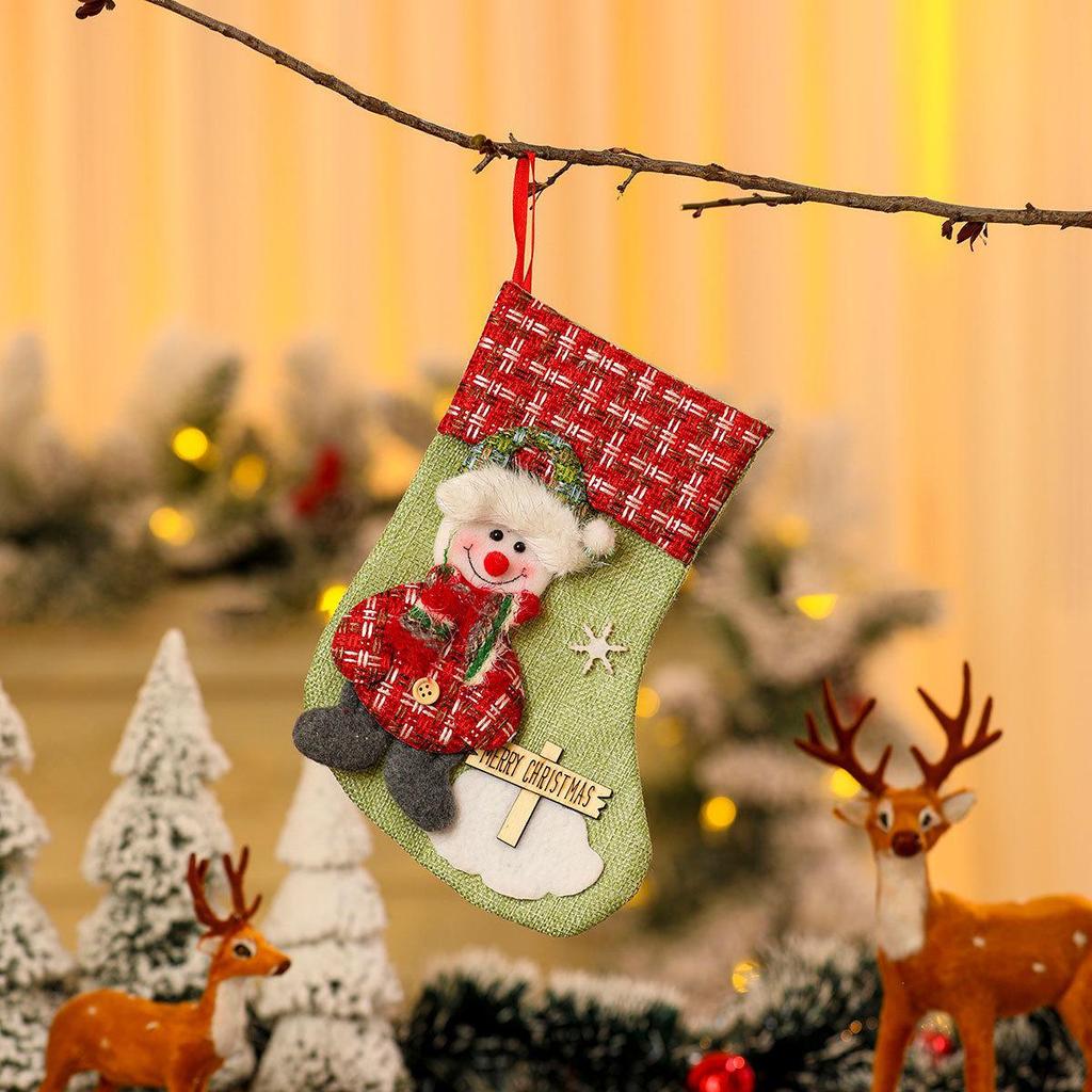 Burlap 3D Cartoon Christmas Stocking Gift & Candy Bag Pendant
