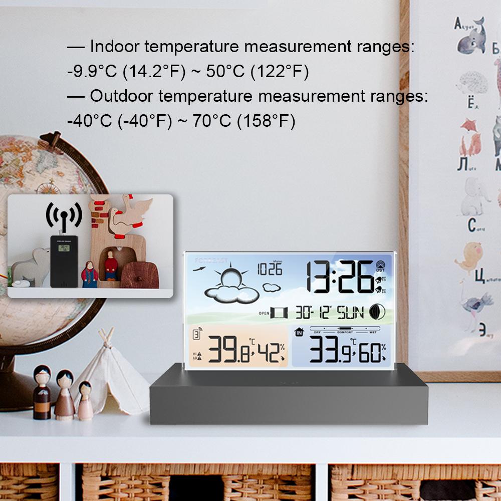Transparent Glass Weather Clock, Wireless Multifunctional Weather forecast, Electronic Alarm Clock, Black Outdoor Sensors