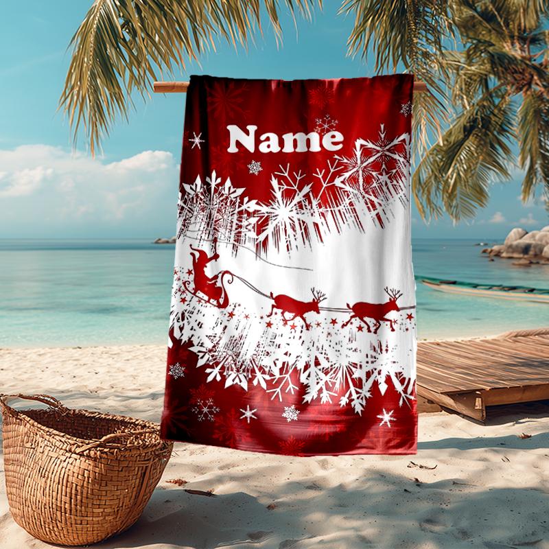Custom Name Ultra-Soft Beach Towel with Christmas reindeer Theme,Ideal for Pool - Camping, Diving - Perfect Travel Essential, Vibrant Beach Towel.