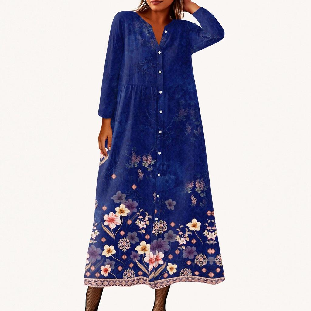 Dámské módní tištěné kulaté sedmiminutové rukávy knoflíkové volné košilové šaty