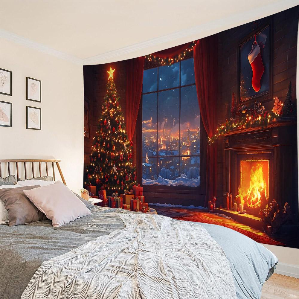 Christmas Santa Claus Workshop Tapestry Wall Hanging Festive Xmas Holiday Party Backdrop Decor for Bedroom Living Room