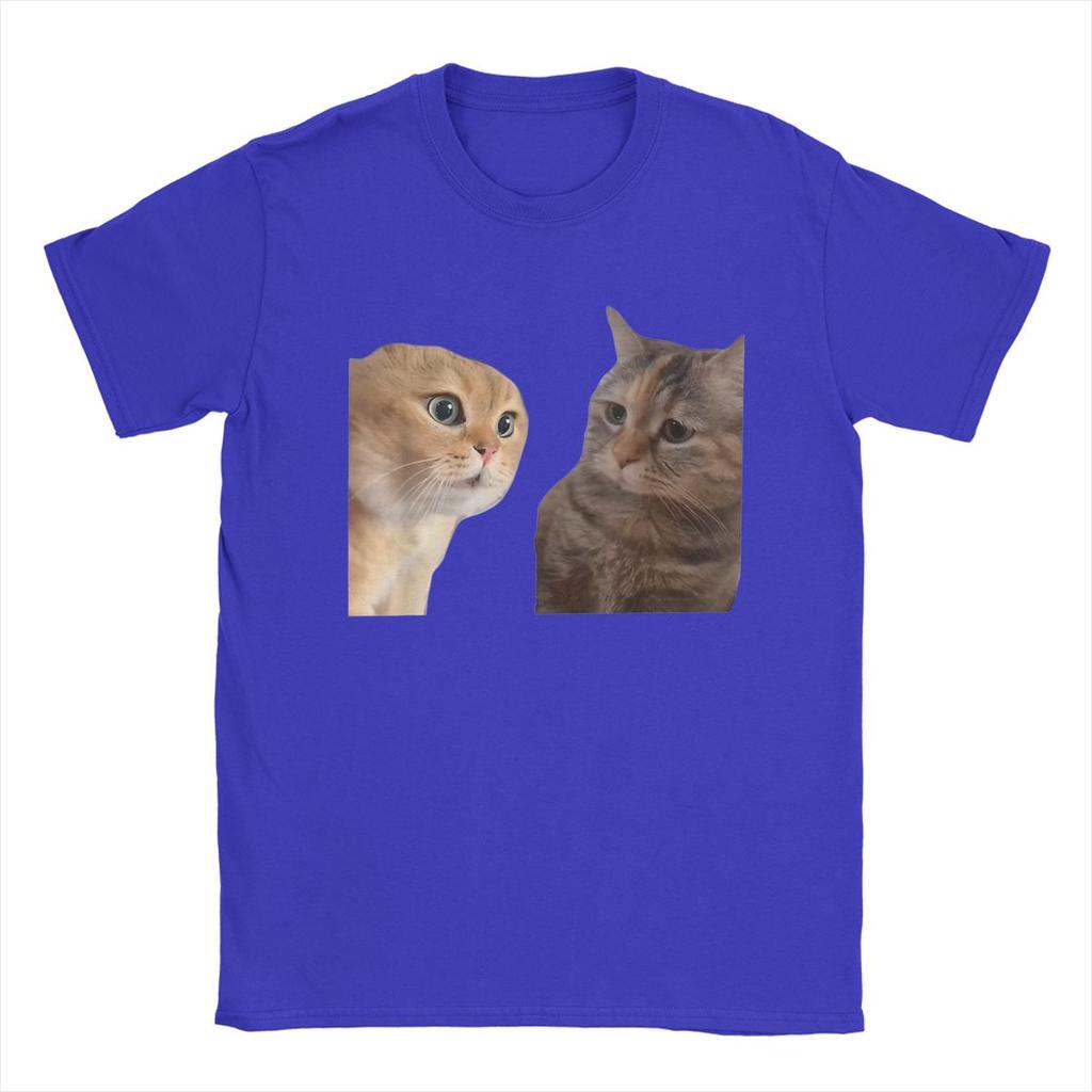 Two Cats Talking Meme T-Shirts for Men Sad Cat Mewing Vintage 100% Cotton Tee Shirt Crewneck Short Sleeve T Shirt Summer Tops