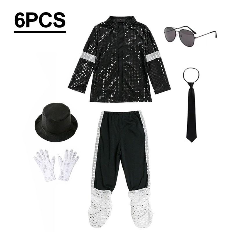 Jongens Michael Jackson Cosplay Outfit Pailletten Zanger Podiumkostuum Kinderen Halloween Karnaval Feest Dansuitvoering Verkleed 3-4Y (Size S) black