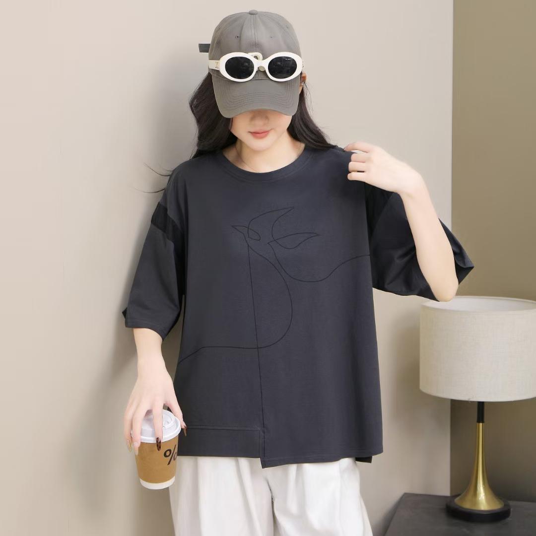 

DIMANAF 2025 Летняя хлопковая футболка женская с принтом асимметричная с коротким рукавом свободная One Size