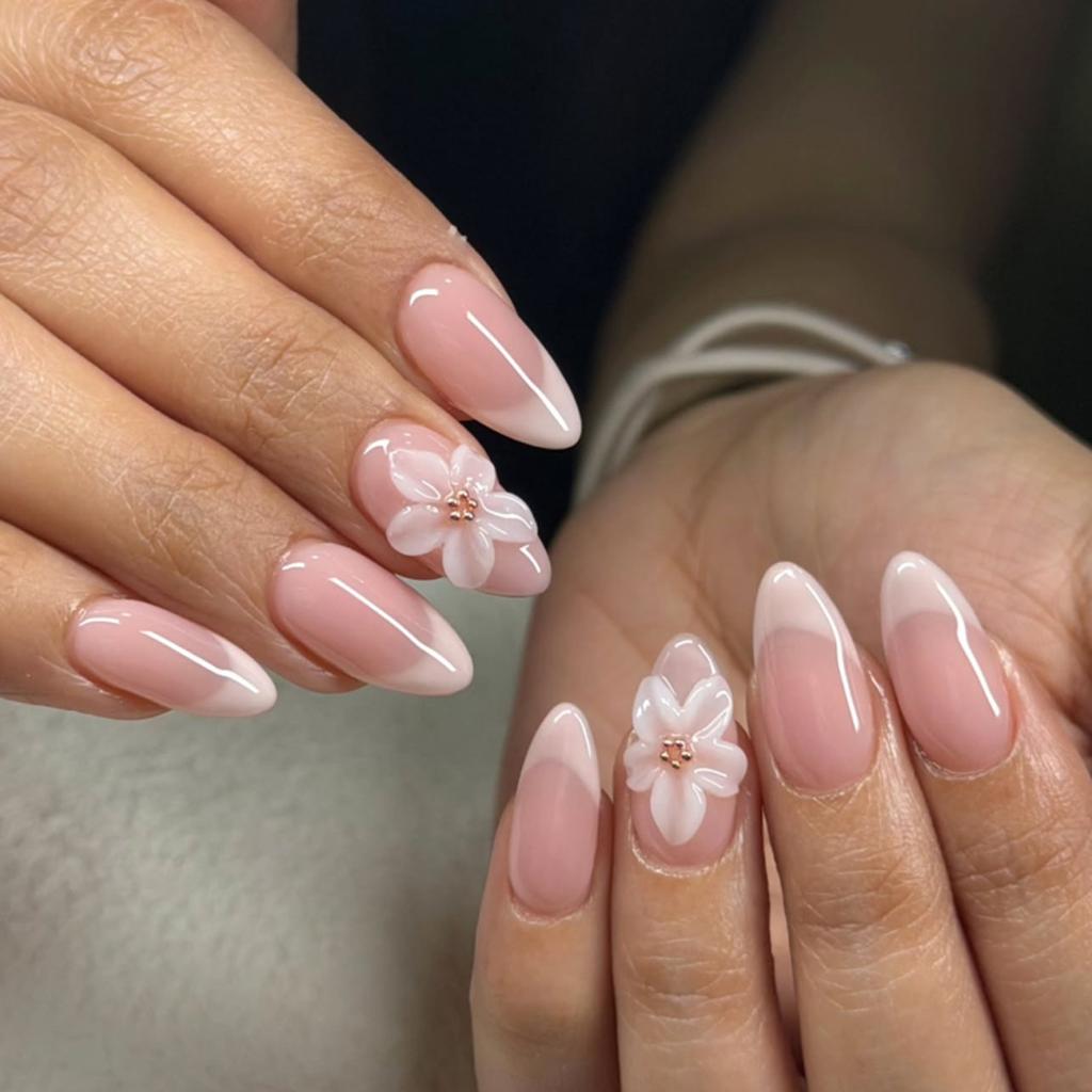 24 Pieces Simple French White 3D Flower Wear Nail Almond Nail Press On Nail Art Finished Product Wholesale