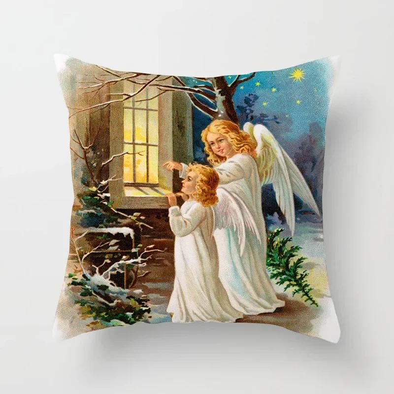 Merry Christmas Decoration Cushion Cover Angel Santa Printed Pillow Cover Holiday Farmhouse Home Decorative Pillowcase
