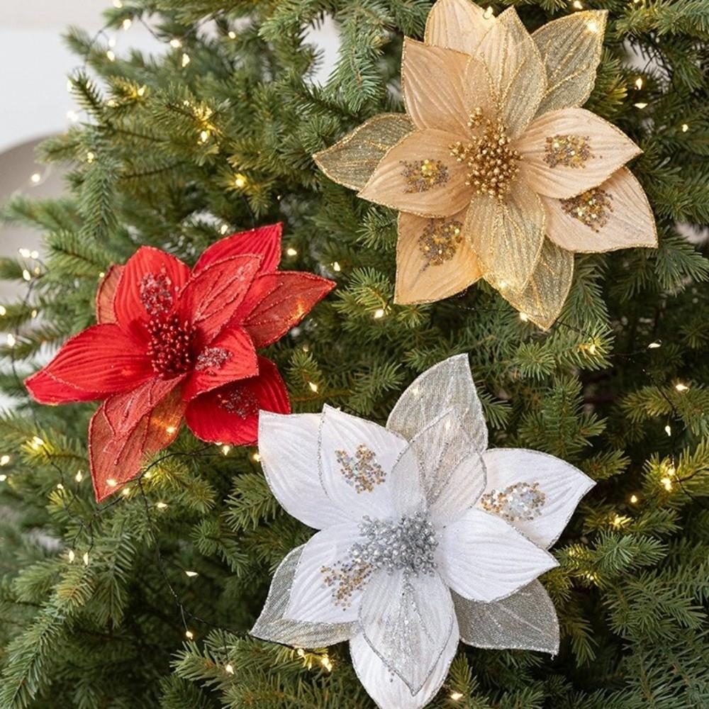 Realistic Glitter Christmas Poinsettia Velvet Christmas Tree Ornaments  Christmas Party