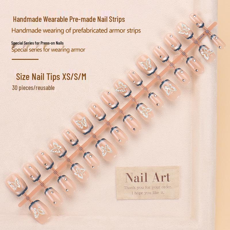 Xiaohongshu Handmade Butterfly-Design Cat Eye French Tip Press-On Nails, Lake Blue Short Style.