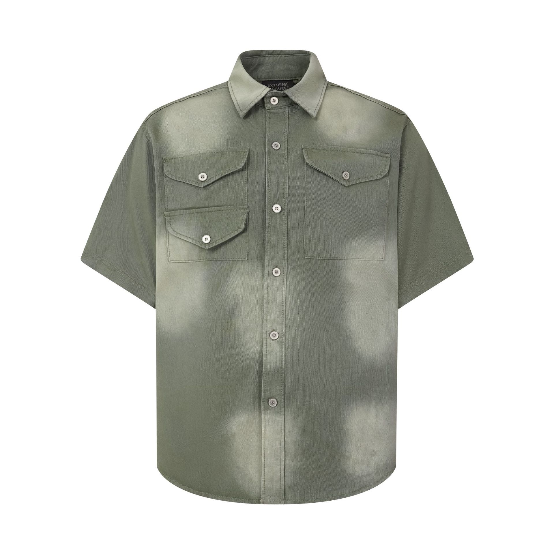 American street washed old tooling shirt multi-pocket trendy shirt short sleeve M зелёный