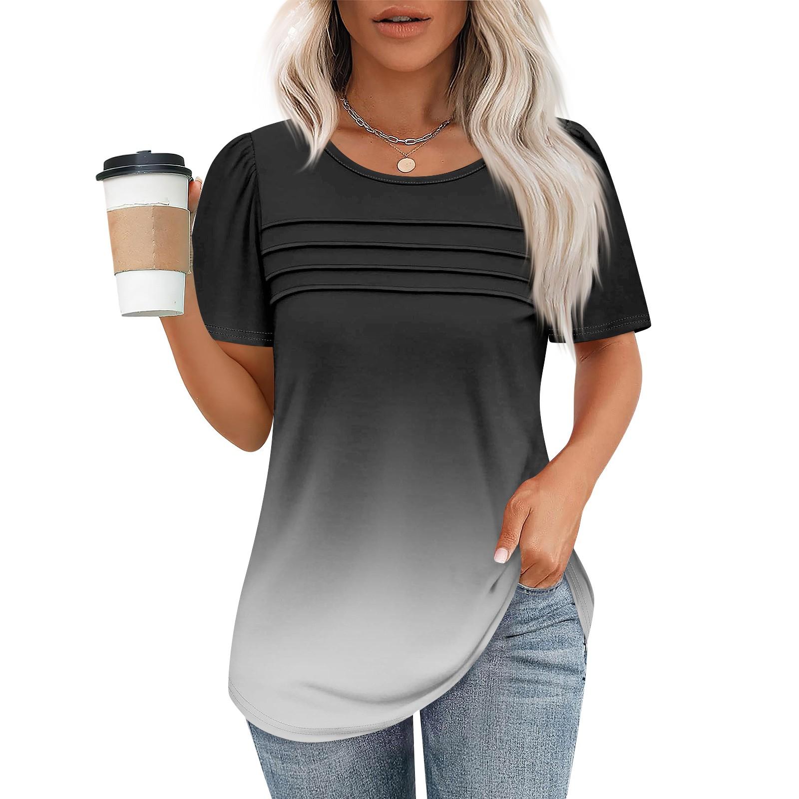 

Футболки для женщин, плиссированные, с круглым вырезом, нарядные, повседневные, блузки с принтом, с коротким рукавом, летние топы, свободный крой L чёрный