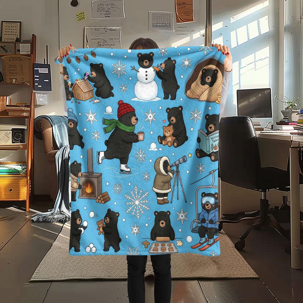 1PC Winter Raccoon Adventures Patterned Flannel Blanket Suitable For All Seasons for Home Decor Warmth and Comfort Gifts Holiday Present