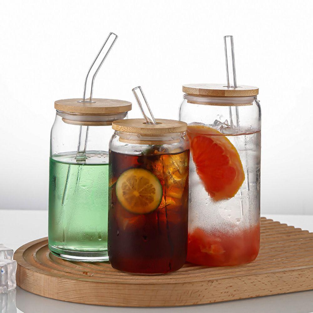 Bamboo Lids Glass Straw Cups With Straw Mason Jars for Cocktail Whiskey Milk Juice Cola