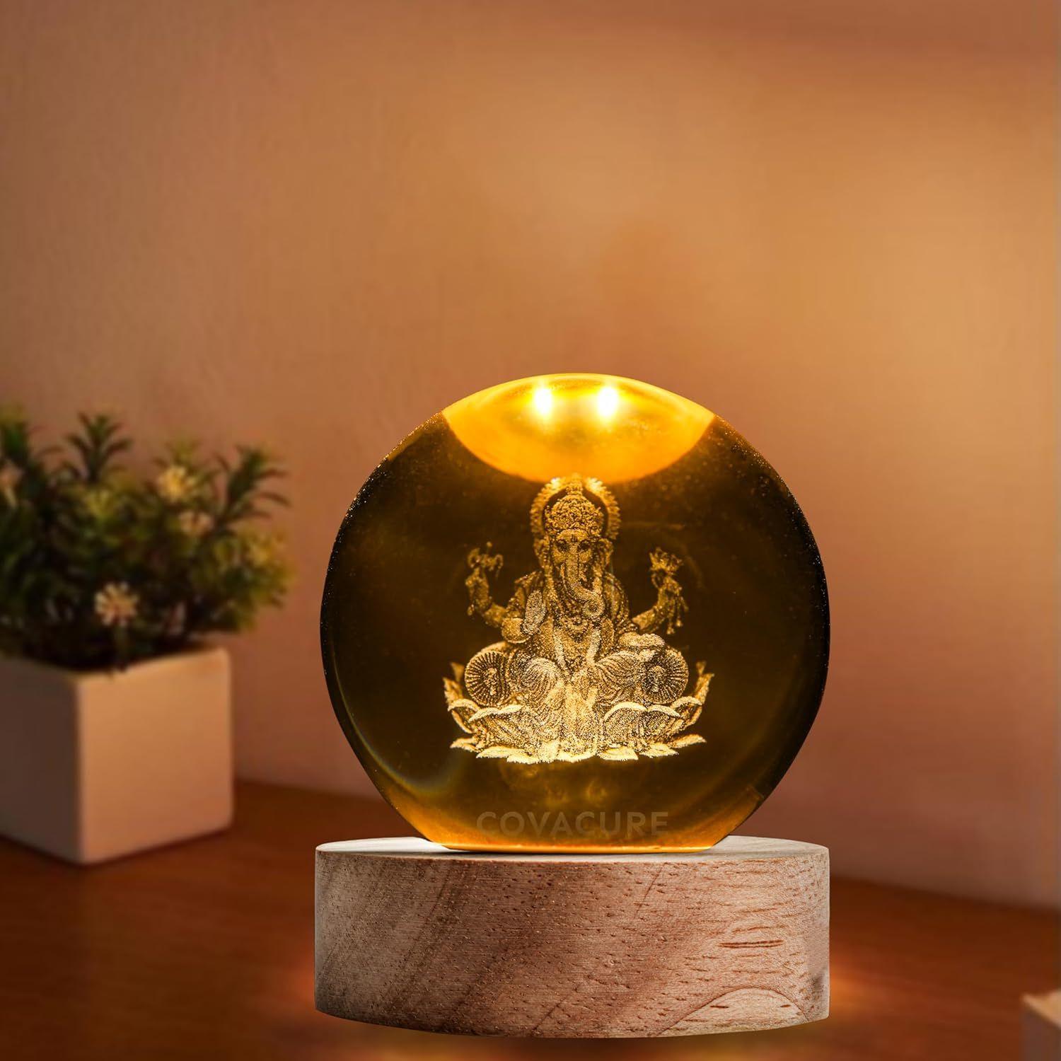 

3D Ganesha Crystal Ball Night Lamp, Solar System Ganesha Idol Crystal Ball Night Light, USB Table Colorful LED Wooden Base Lamp for Home