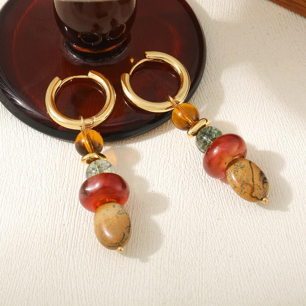 GEMCHIC Women s Natural Red Agate and Picture Jasper Beaded Hoop Earrings, Vintage Bohemian Dangle Earrings for Women