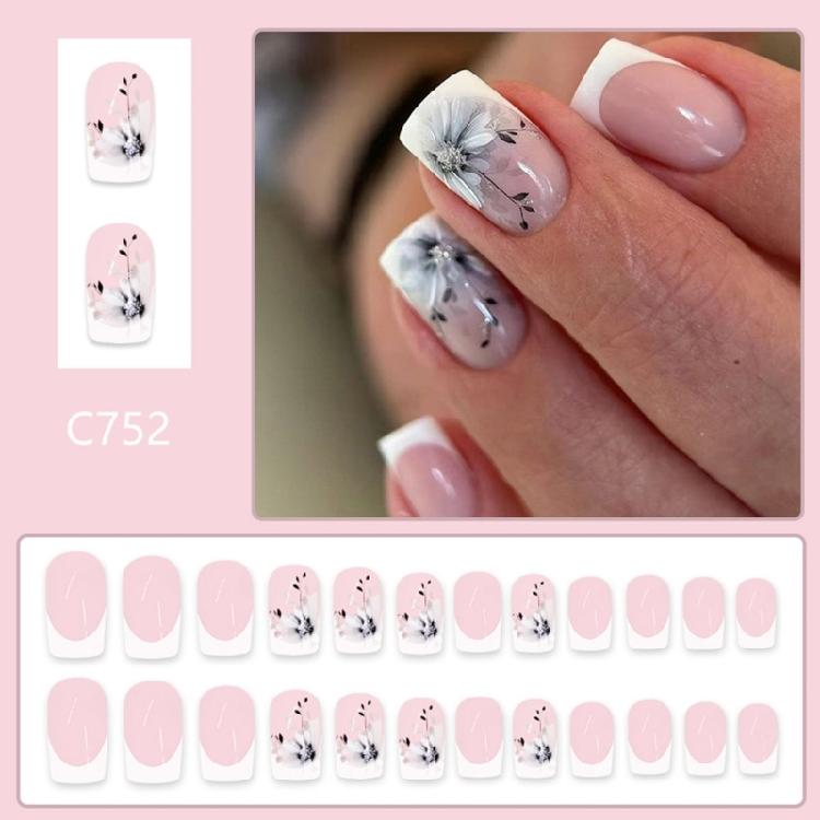 Press On Nail Short Square False Nail French Tip Flower Nail Manicure Decoration Nail Art Accesories For Women 24Pcs