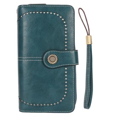 RFID-blockierende Ledergeldbörse mit großer Kapazität, Damen-Geldbörse mit doppeltem Druckknopfverschluss und abnehmbarem Handgelenkband