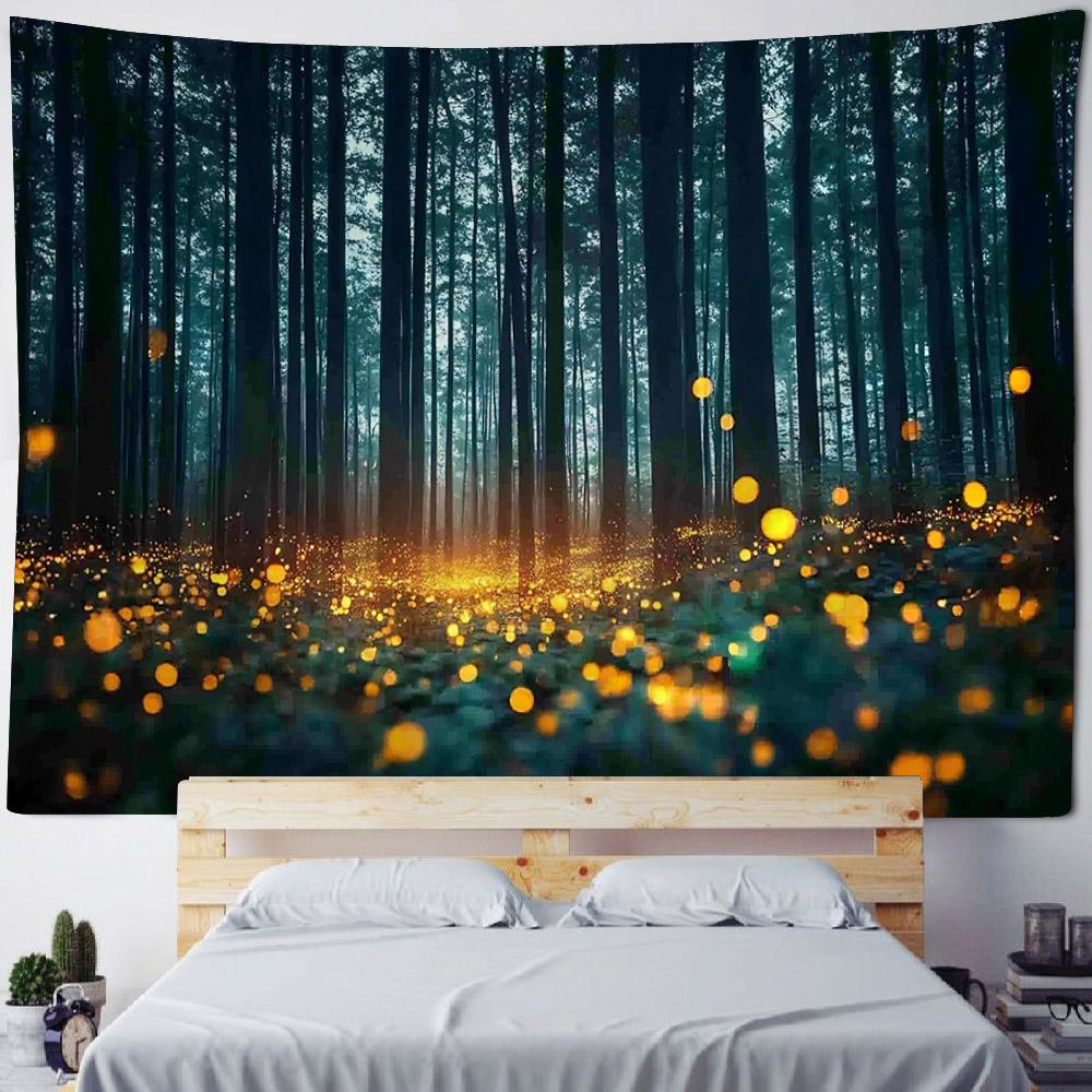 Forest Firefly Tapestry Dreamy Landscape Polyester Wall Hanging Fabric Aesthetic Home Decoration Living Room Background Poster