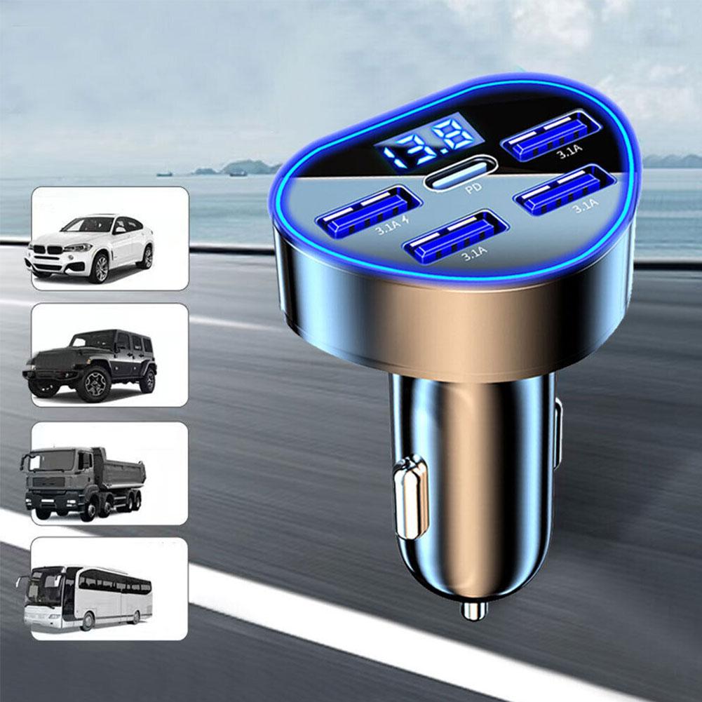 66W 3.1A Universal Car Charger PD QC3.0 With 5 Ports Fast Charging Adapter For IPhone USB Type C Cigarette Lighter Charger