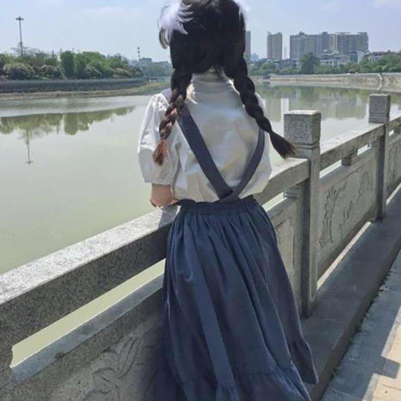 WTEMPO Girl's Sweet Preppy Style Strap Long Skirts Ruffles Loose Cute Student Casual Skirts Female Suspender Skirts