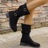 Autumn Women'S New Belt Buckle Suede Boot Large Size Round-Toe Pleated Sleeve Boots Mid-Heeled Knight Women'S Outdoor Boots
