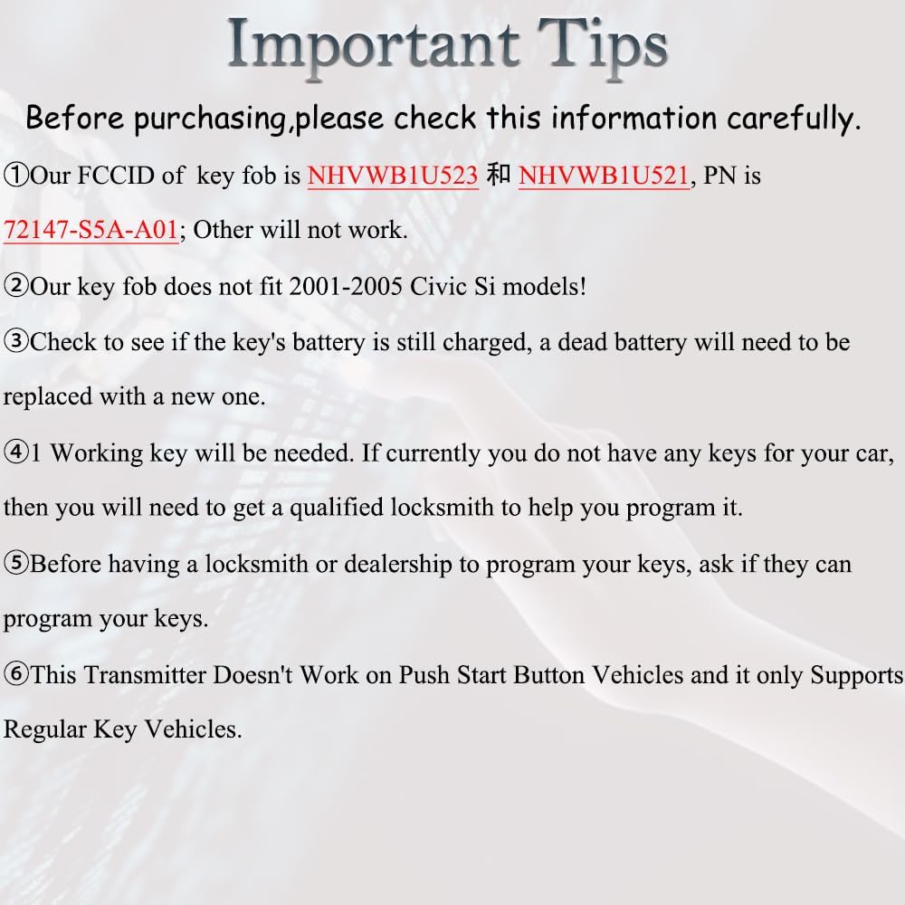 MechanMagic Key Fob Remote Replacement Fits For Honda Civic DX EX LX/Honda Pilot 2001 2002 2003 2004 2005 2006 2007 NHVWB1U523 Keyless Entry Remote