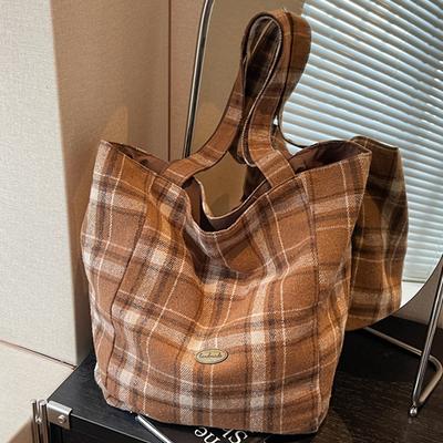 Autumn New Plaid Large-capacity Canvas Bag Fashionable and Simple Women's Casual Fashionable Literary Shoulder Bag