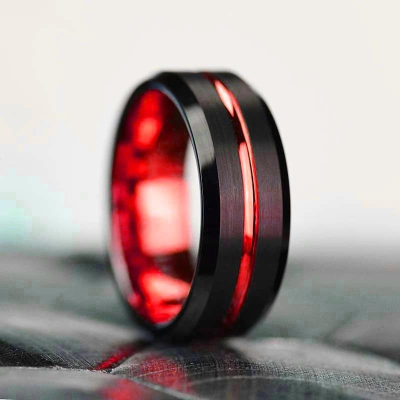 8MM Herren Edelstahlring Rot Grün Gold Farbe Rille Abgeschrägte Kante Hochzeitsverlobungsring Herren Jubiläums Schmuck