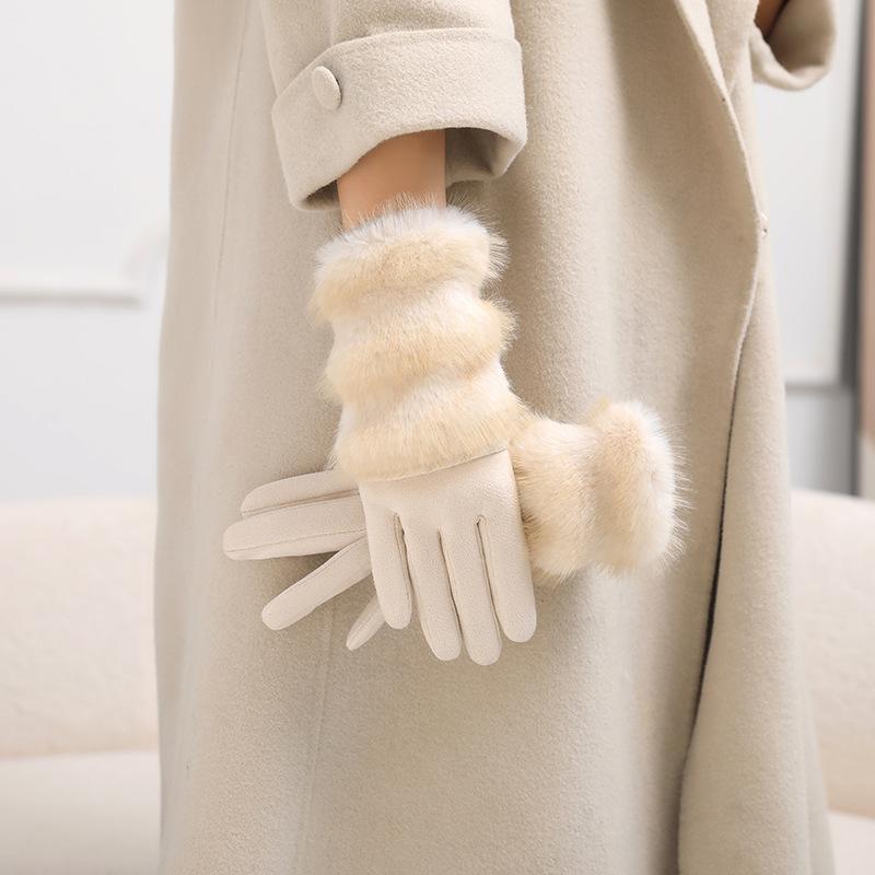 Korean Two-color Imitation Rabbit Fur Gloves Women Imitation Suede Warm Full Finger Gloves Touch Screen Windproof Riding Gloves