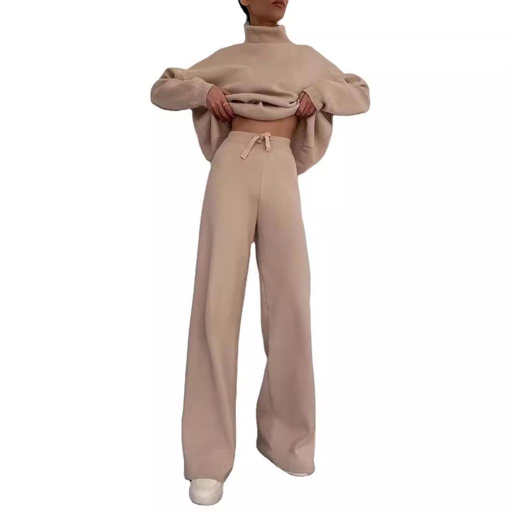 2025 European Style Brown Two-Piece: Long Sleeve High Neck Hoodie & Elegant Wide-Leg Pants