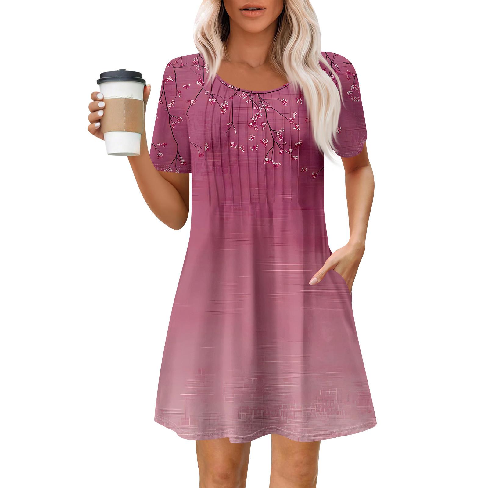 

Women s Summer Dress Loose Beach Vacation Casual Round Neck Short Sleeve Sundress With Pocket Short Sleeve Shirt Dress L