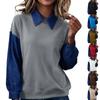 Damska Modna Bluza Długi Rękaw Kolorowy Blok Kołnierzyk Casual Luźny Krój Patchwork Denim Top