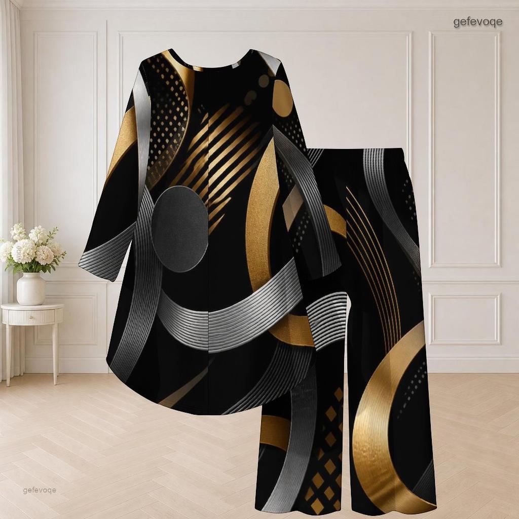 Women Plus Size Round Neck Long Sleeve High Low Top Wide Leg Pants Black Blue Printed Two Piece Set
