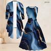 Women Plus Size Blue Marble Printed Two Piece Set Sleeveless Tie Waist Flared Dress Three Quarter Sleeve Cardigan