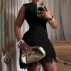 Summer European & American Knitted Dress: Sexy Sleeveless Tassel Short Skirt, Hollow-Out Patchwork, Slim-Fit Design
