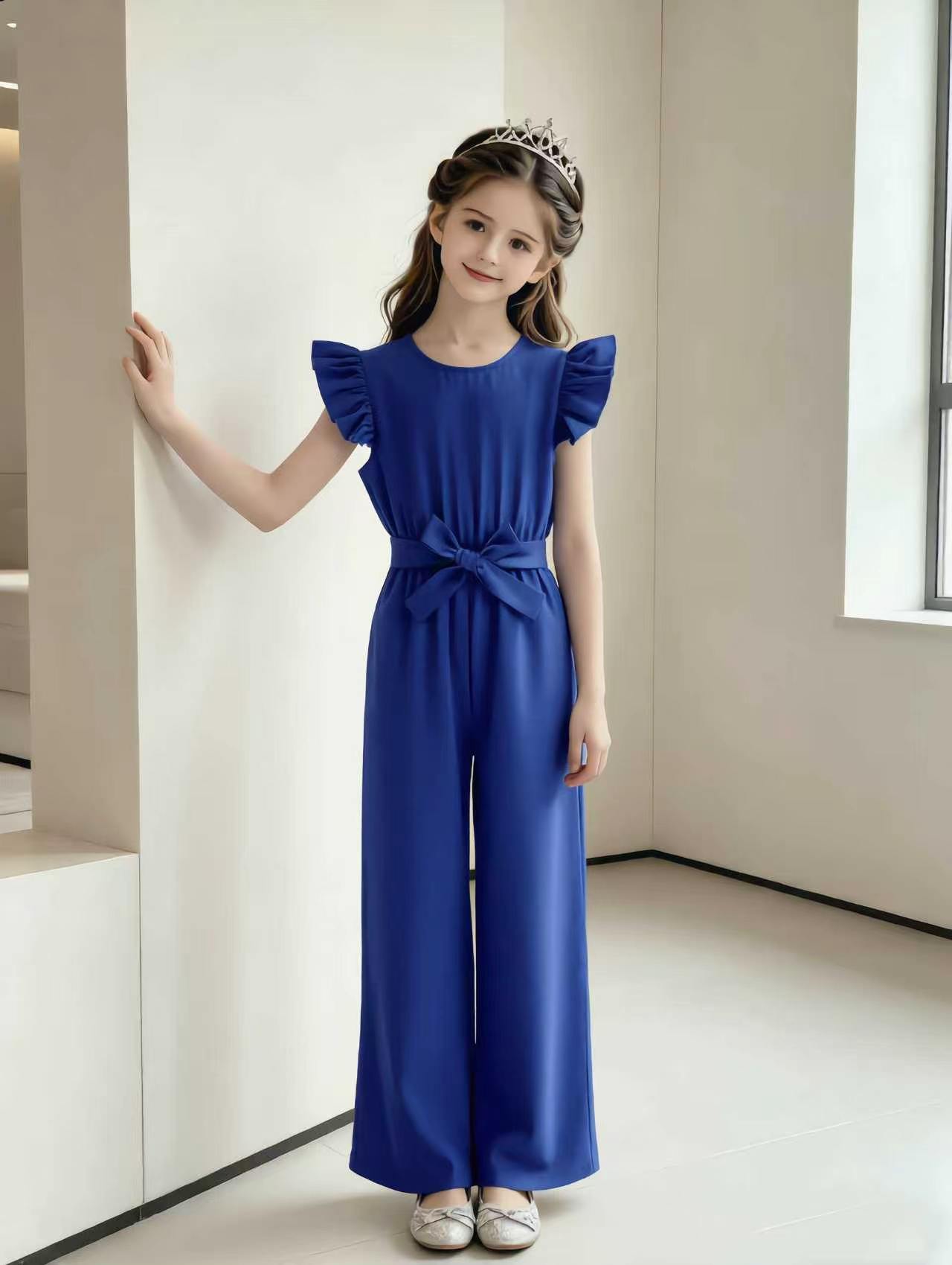 Girls Royal Blue Solid Jumpsuit, Flutter Sleeve Design S герцог синий