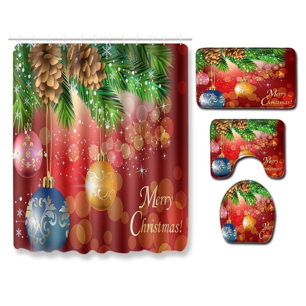 Christmas Home Shower Curtain Polyester Cloth Four-Piece Toilet Floor Mat Bathroom Non-Slip Door Mat Bedroom Carpet