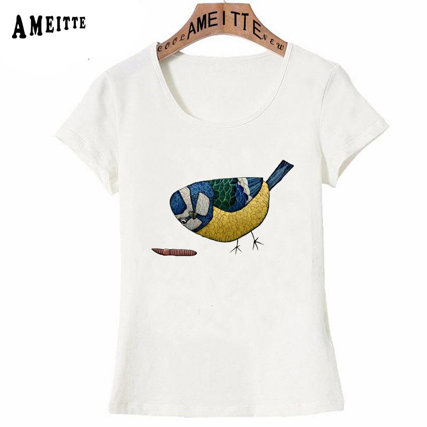 Abstract Art Drawing Cartoon Blue Tit Print T Shirt Summer Fashion Women T Shirt Bird Design
