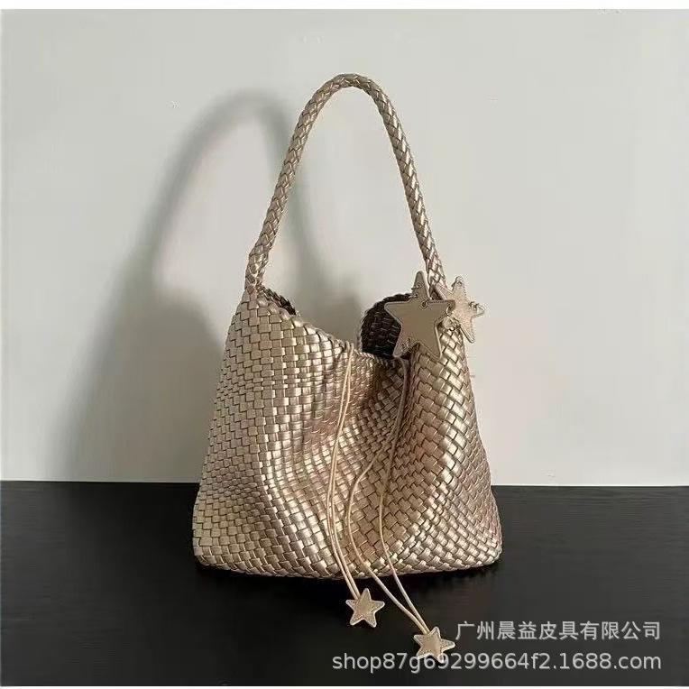 Champagne Handmade Woven Bucket Tote Bag - Large Capacity Shoulder Handbag