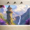 One peculiar fantasy tower and waterfall backdrop - Vibrant polyester party banner.PMJ
