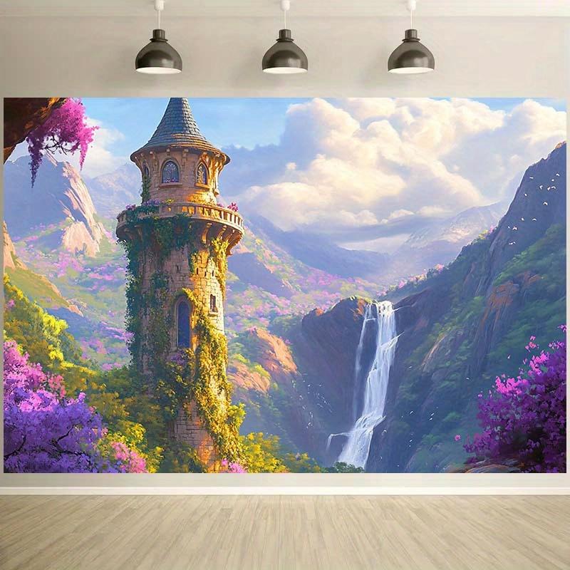 One peculiar fantasy tower and waterfall backdrop - Vibrant polyester party banner.PMJ