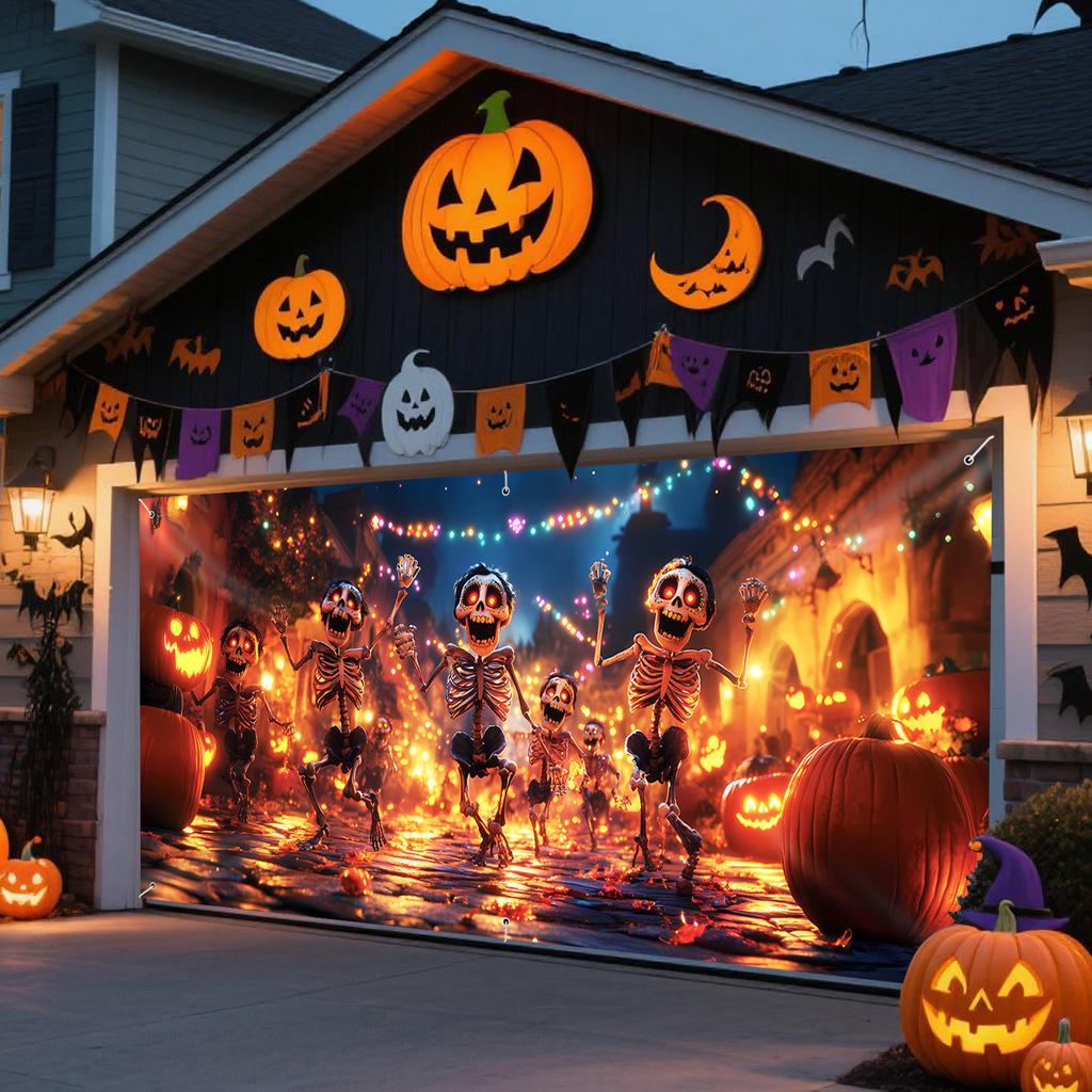 One large Halloween garage door banner - featuring dancing skulls and glowing pumpkin lanterns designzyc