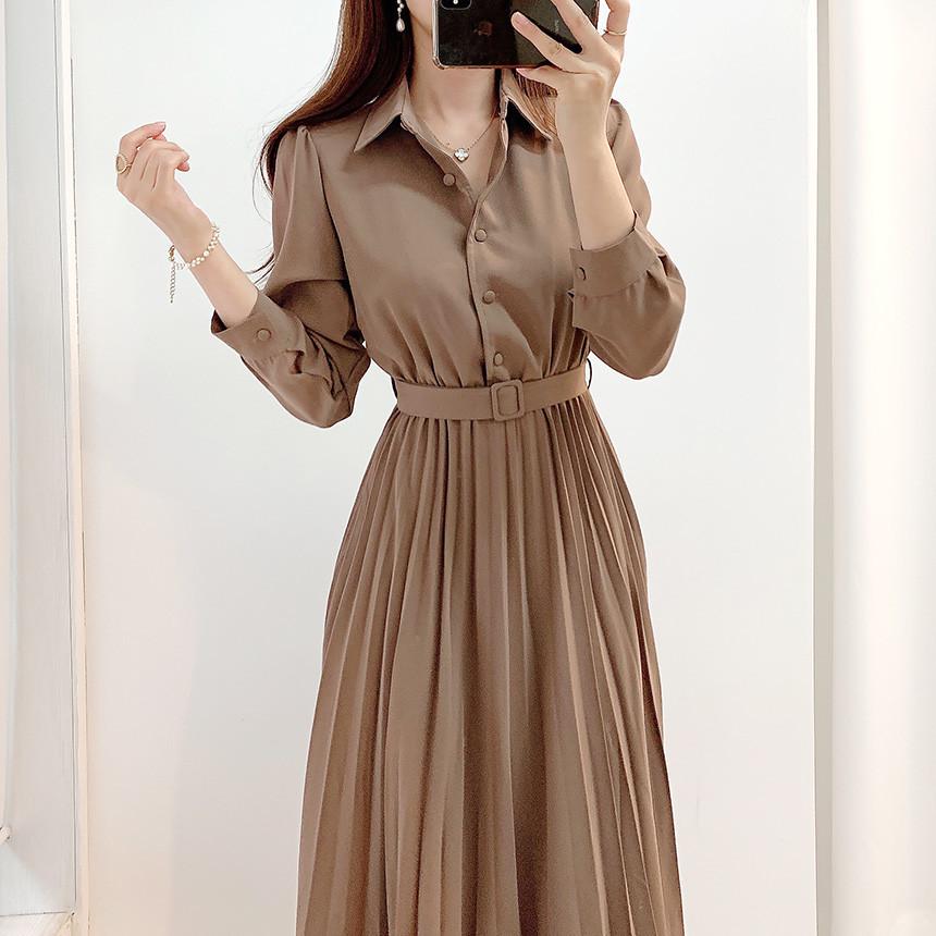 2026 Early Spring Korean Chic French-Style Pleated Waist Long Dress Small коричневый