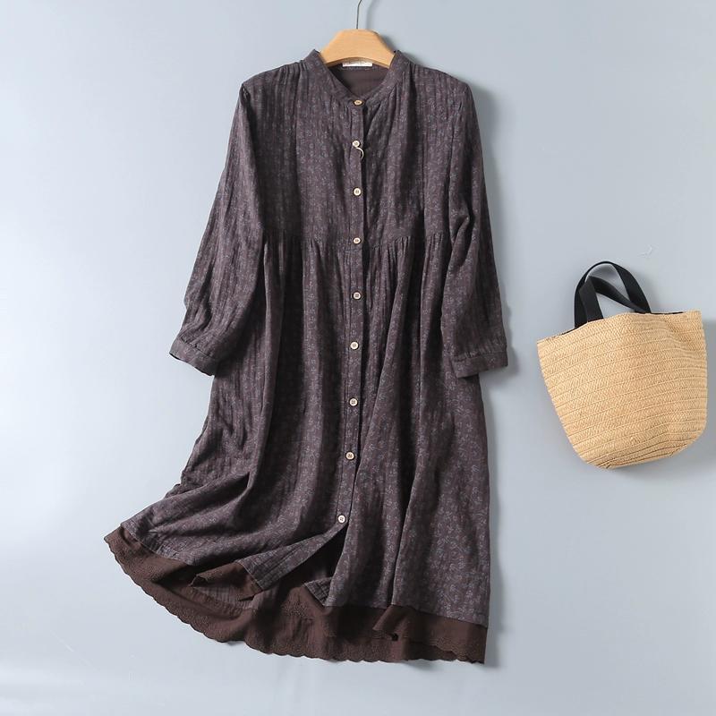 8 Colors Lamtrip-Retro Floral Cotton Yarn Long Sleeve Single Breasted  Robe Casual  Soft House Dress