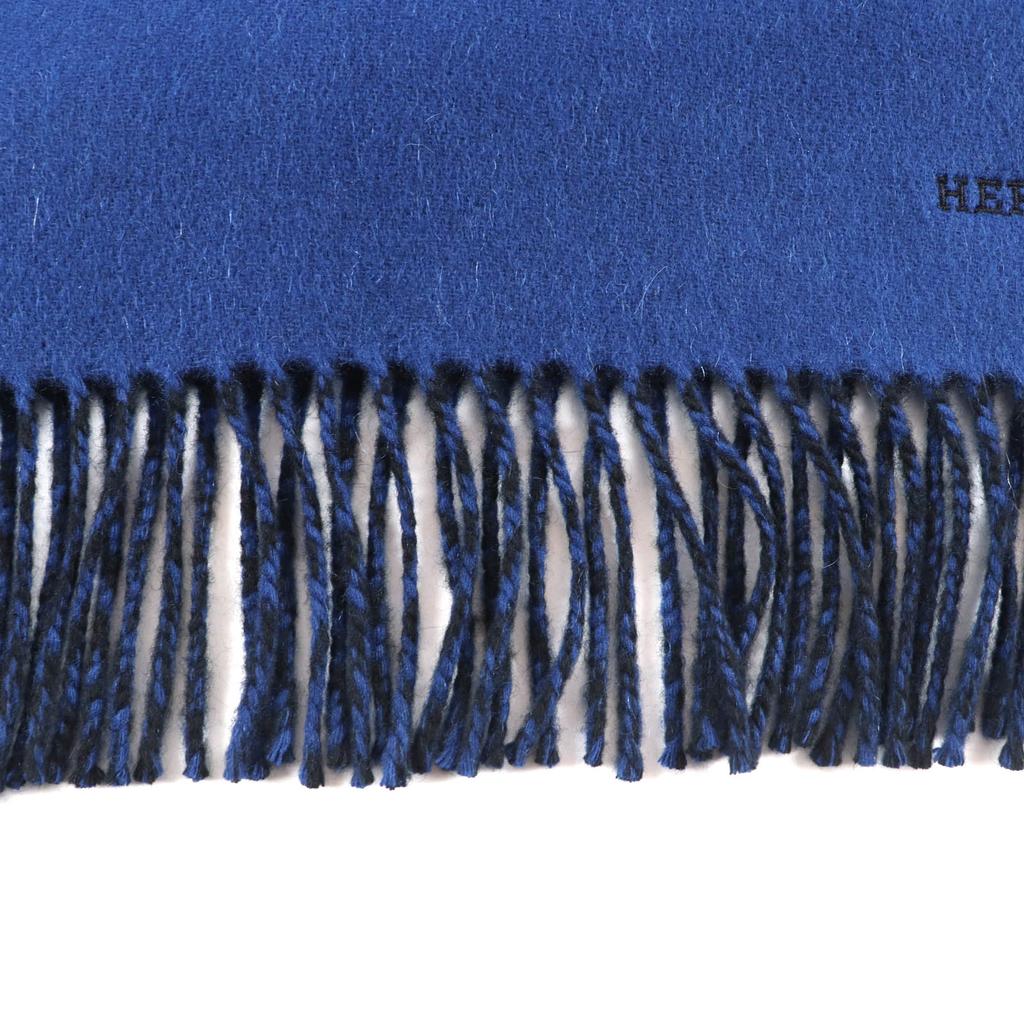 Great HERMES Scarf Recto Verso Embroidered logo and fringe scarf cashmere mens Used