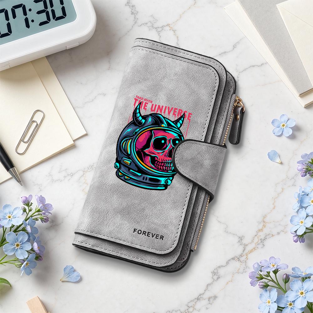 Cool Skull Astronaut Print Purse Stylish Long Wallet Fashion Portable Card Holder Dark Daily Carry Pouch